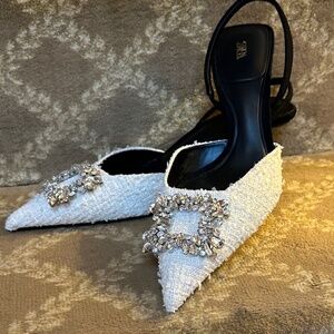 Zara Slingbacks White Tweed and Black Kitten Heels